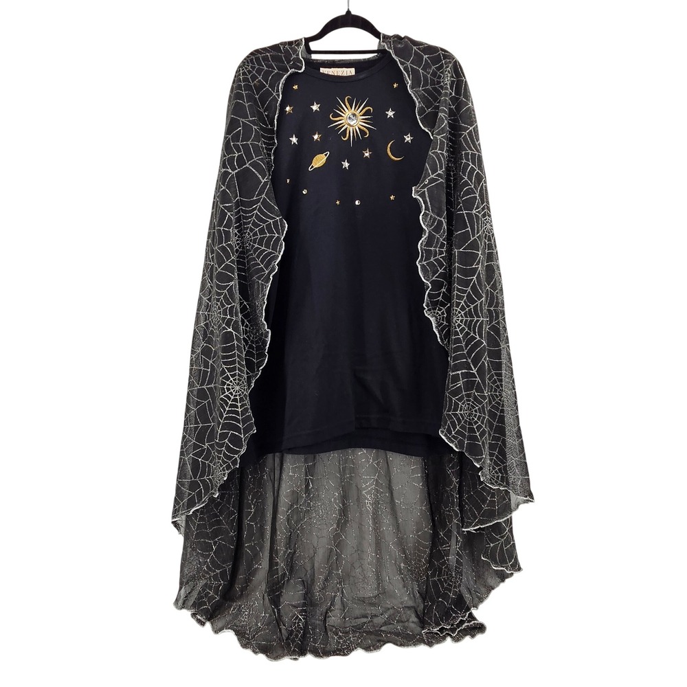 Whimisgoth Venezia Celestial Sun Moon Stars Black Tunic Top with Cape Size XL